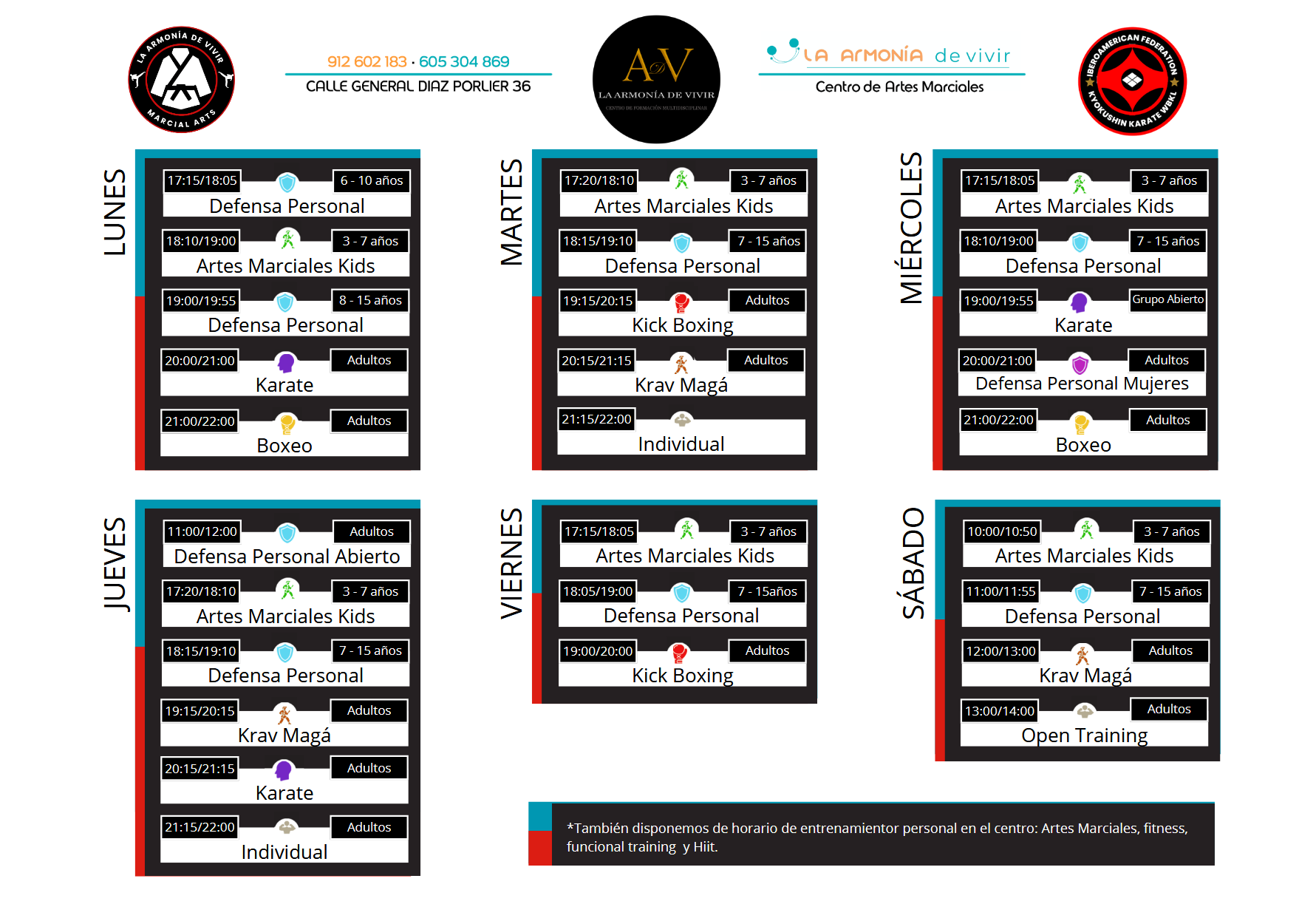 Horarios Escuela Artes Marciales Madrid 2025-2026